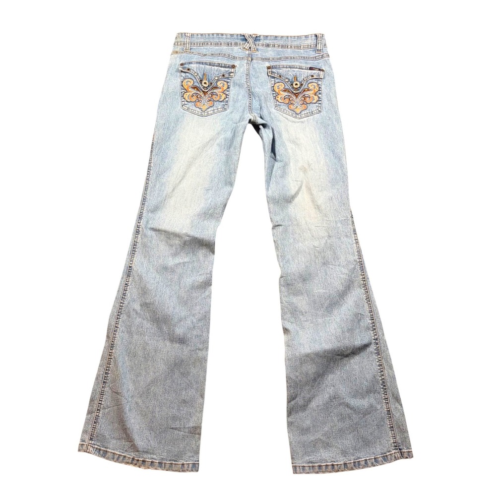 RARE Angels Y2K Flare Jeans Light Wash Embroidered Back Pocket Low Rise